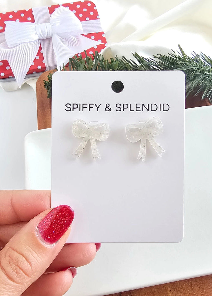 White Shimmer Bow Stud Earrings