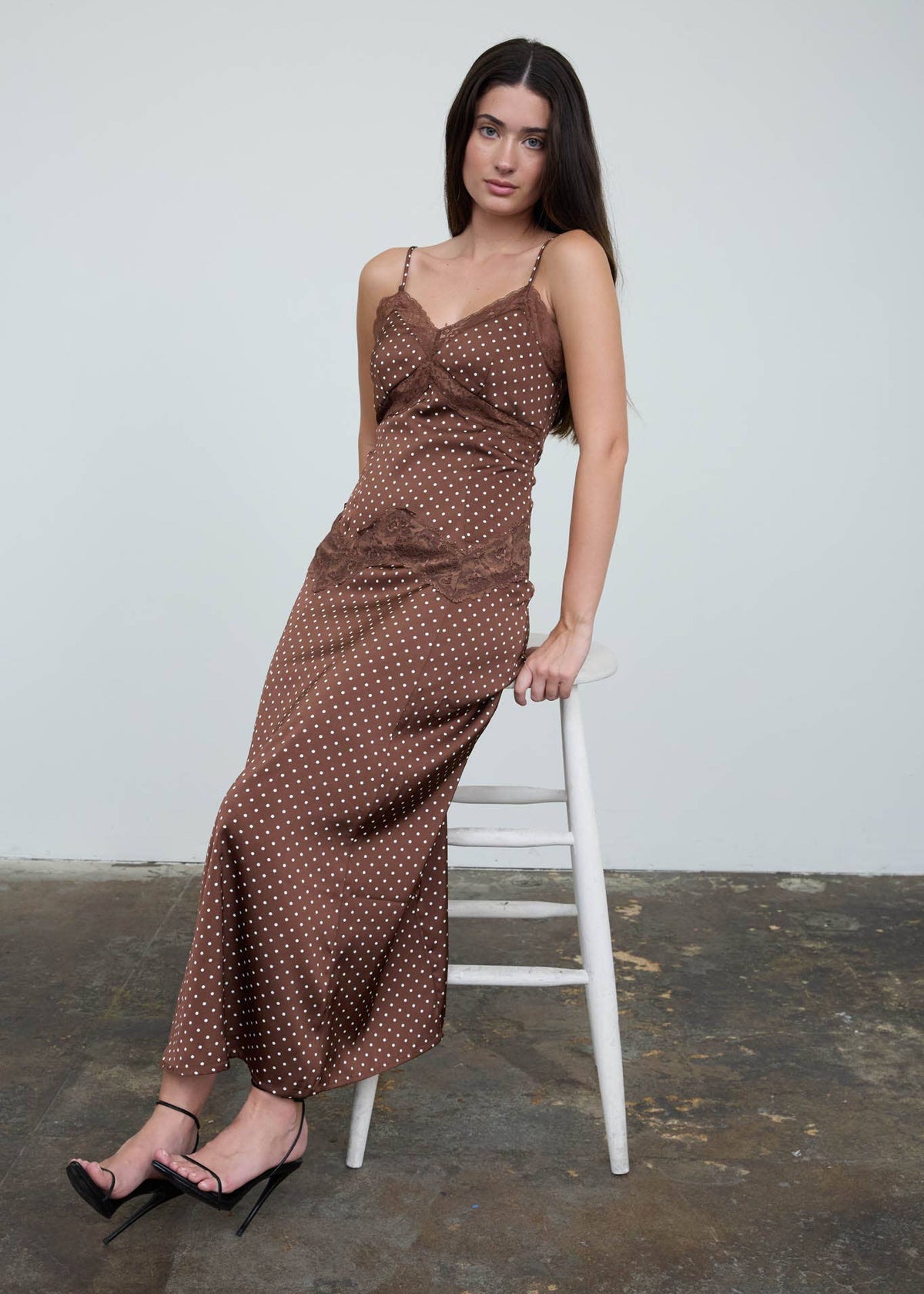 Paige Polka Dot Lace Trim Strapless Midi Dress