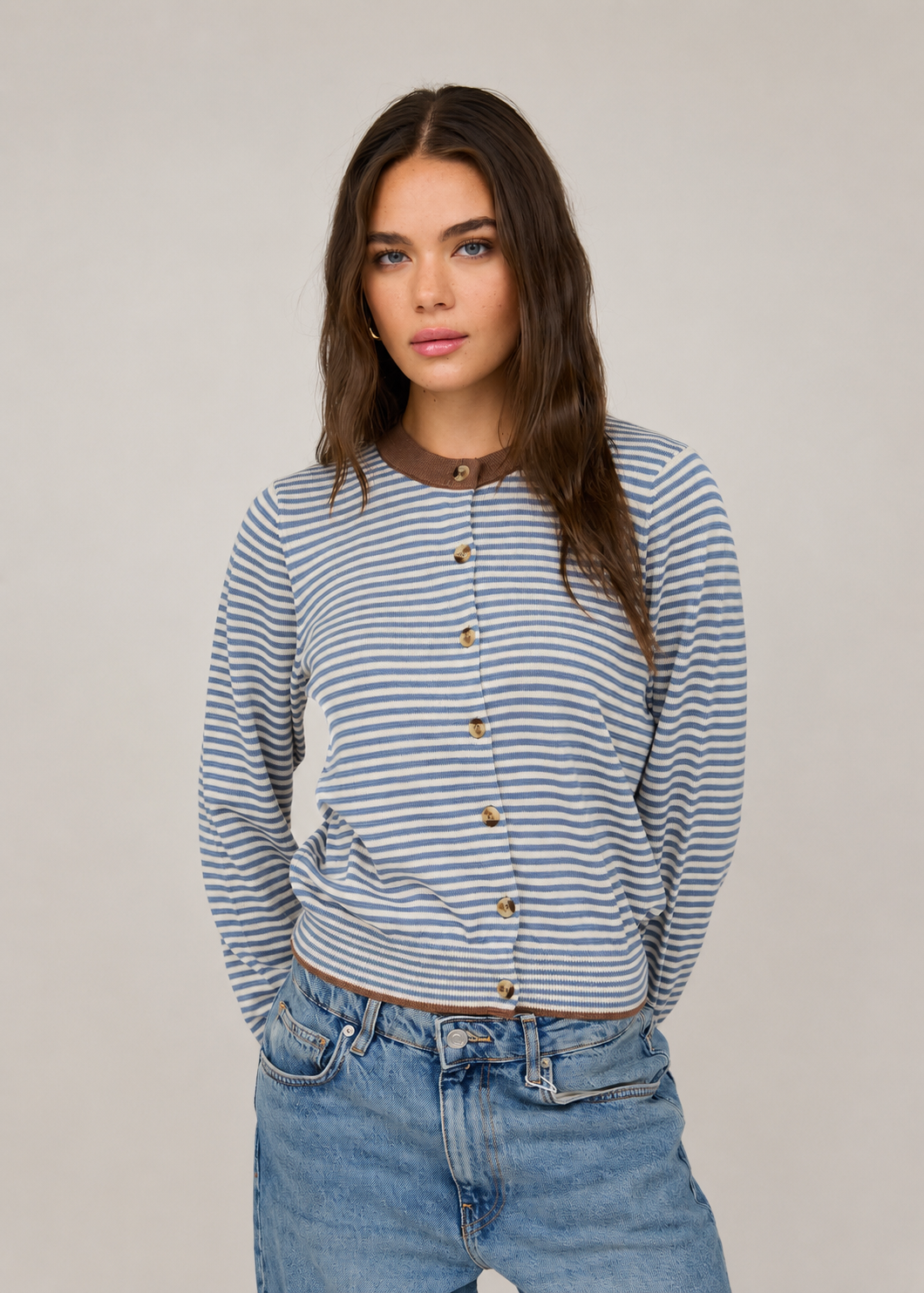 Charlotte Dusty Blue Contrast Striped Cardigan