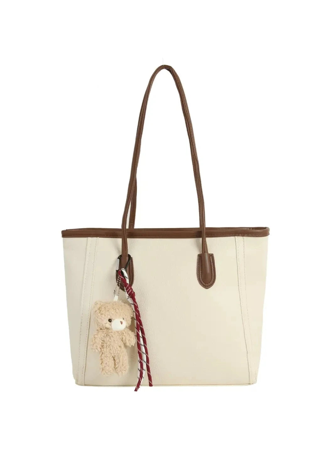 Classic Tote Bag with Removable Teddy Bear Charm in Beige