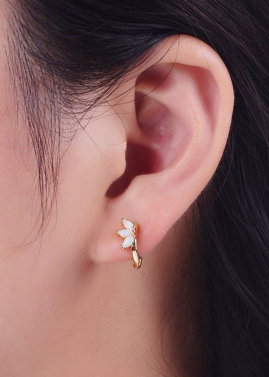 White Opal Triple Marquise Gold Filled Huggie Hoop Earrings