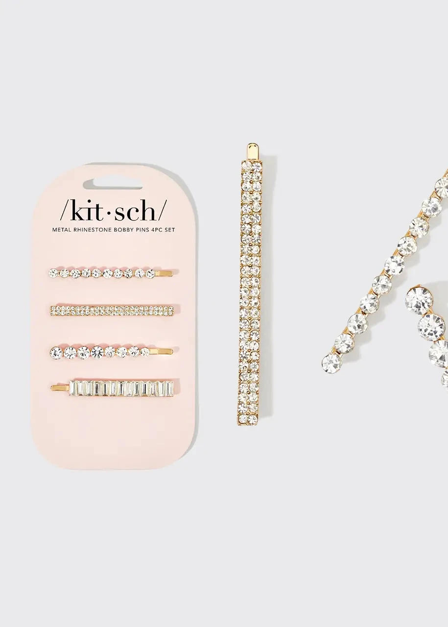 Kitsch Metal Rhinestone Bobby Pins Set in Gold