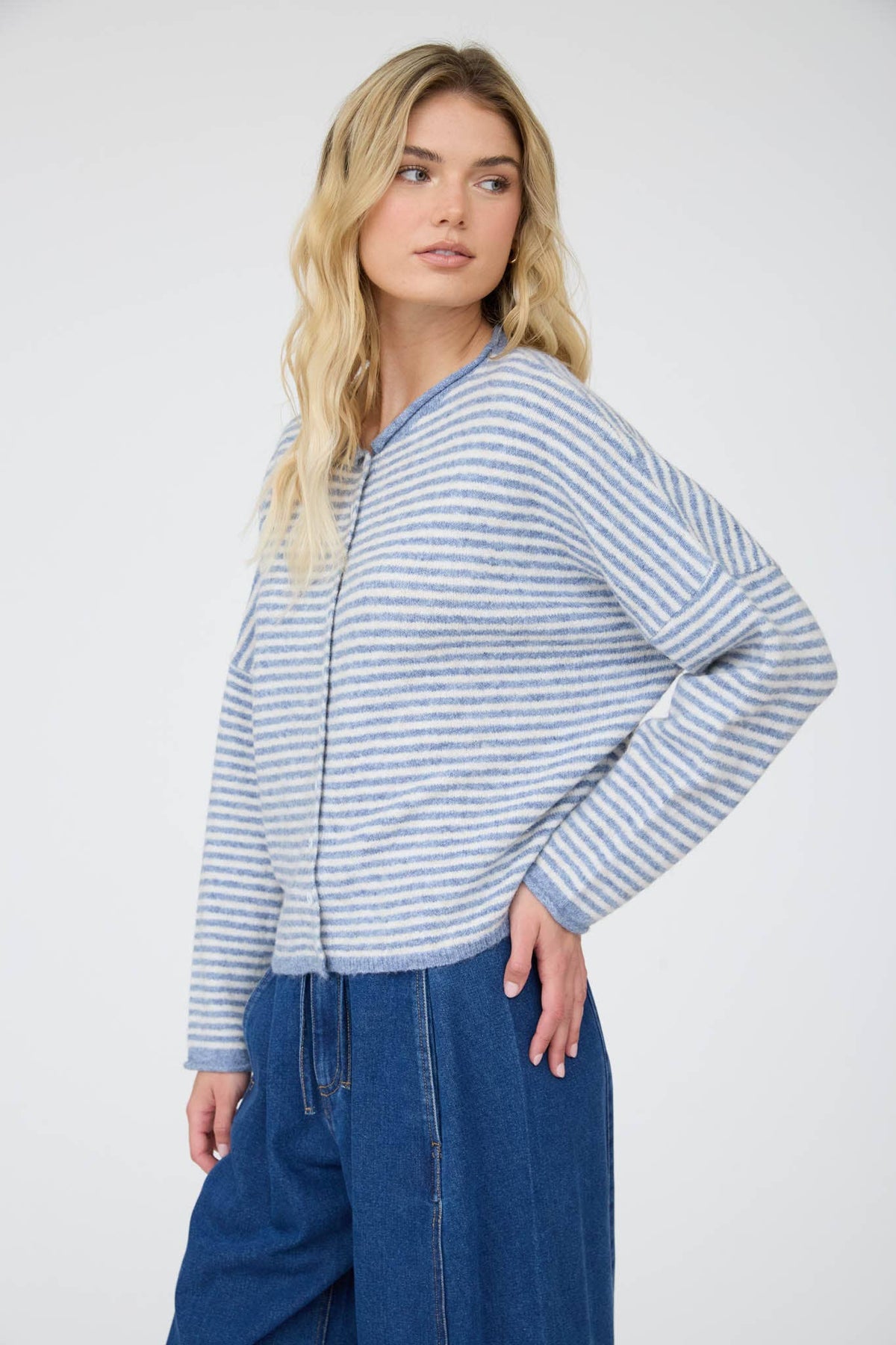 Katie Rolled Knit Cardigan in Dusty Blue