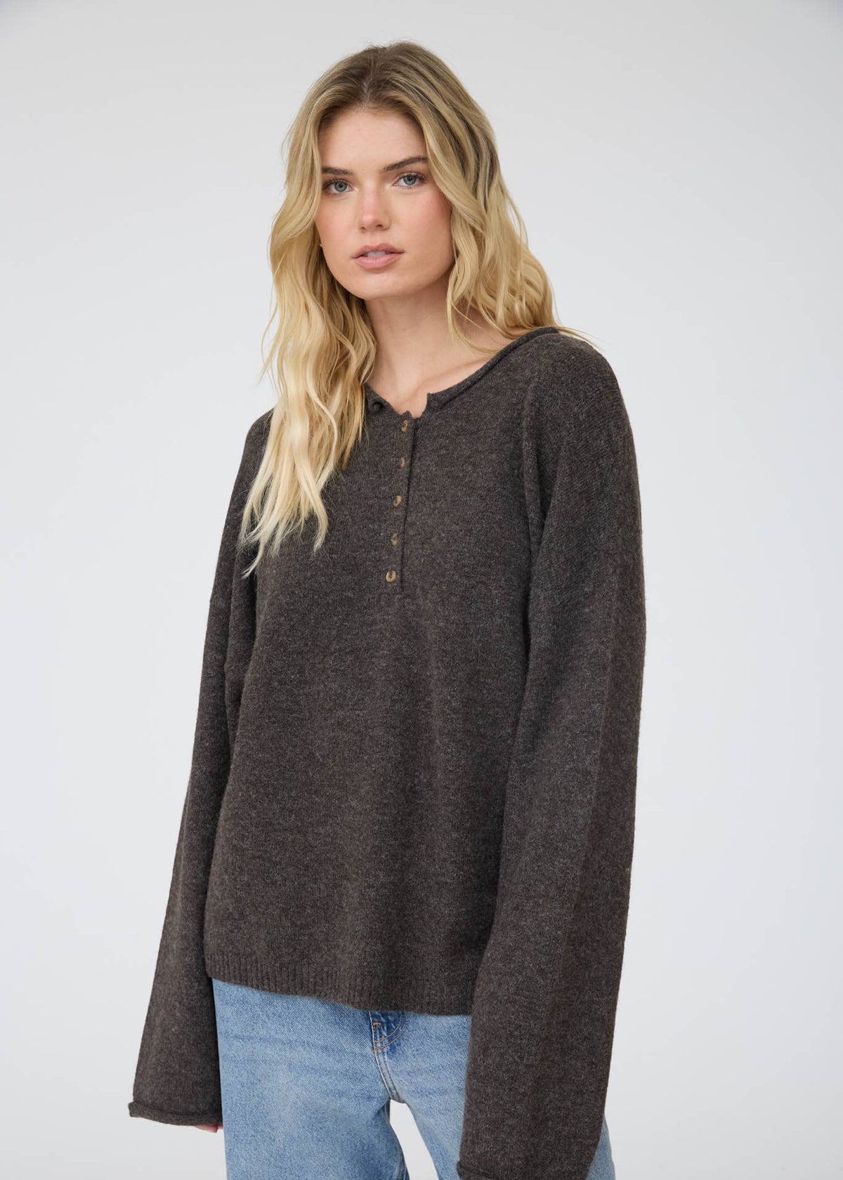 Clara Henley Mocha Long Sleeve Sweater