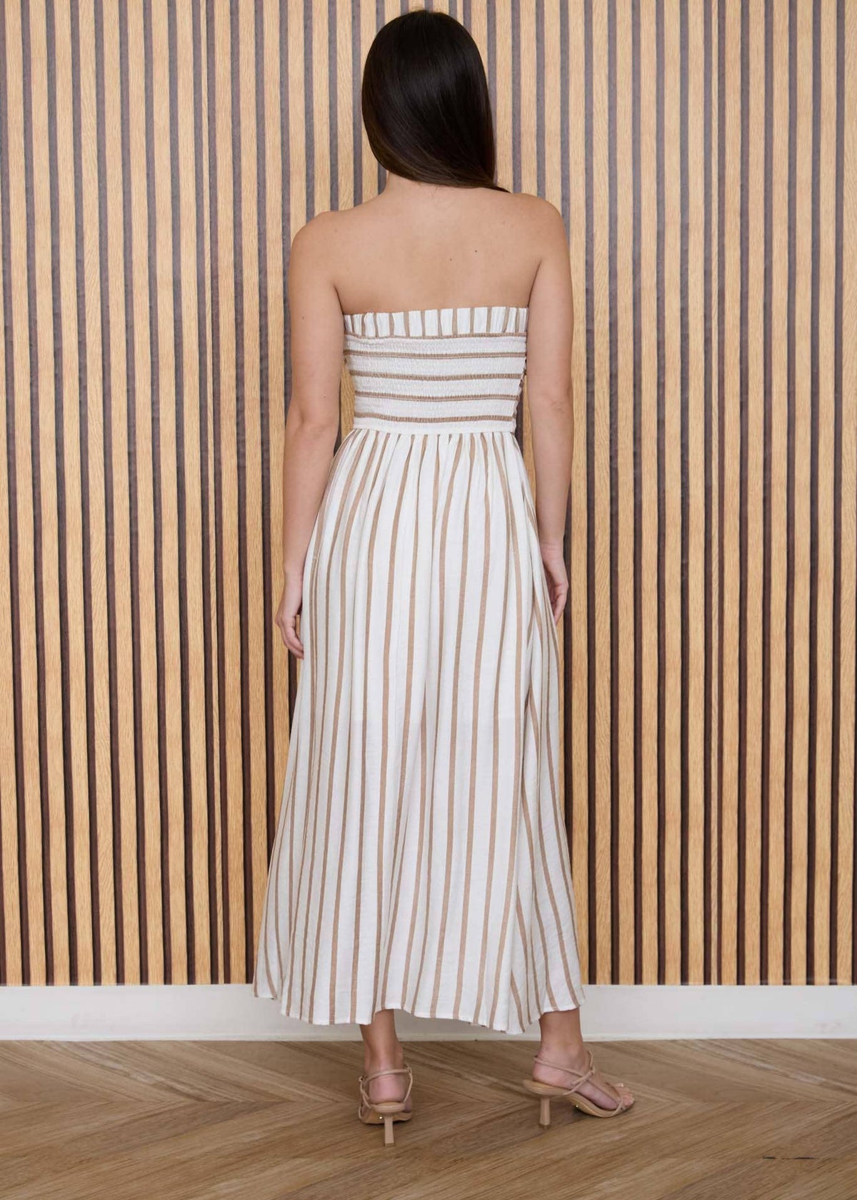 Lori Neutral Striped Strapless Linen Midi Dress