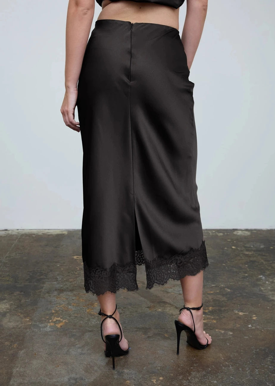 Stassi Satin Lace Hem Black Midi Skirt