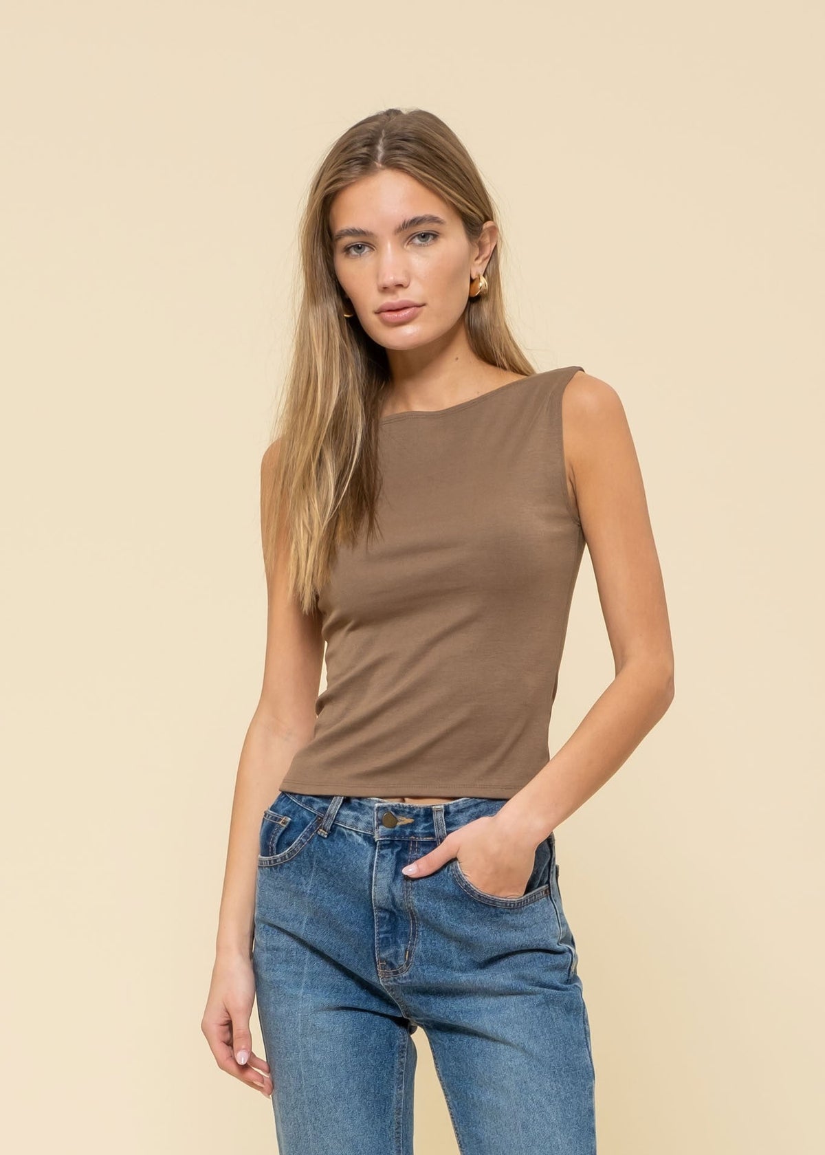 Mocha Boat Neck Sleeveless Knit Top