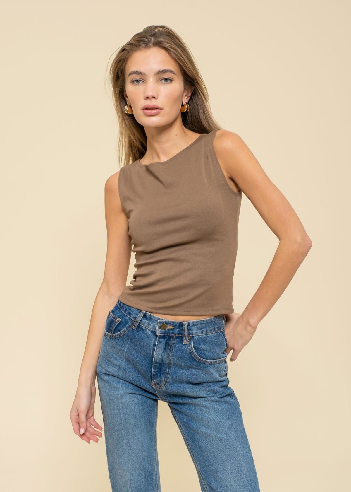 Mocha Boat Neck Sleeveless Knit Top