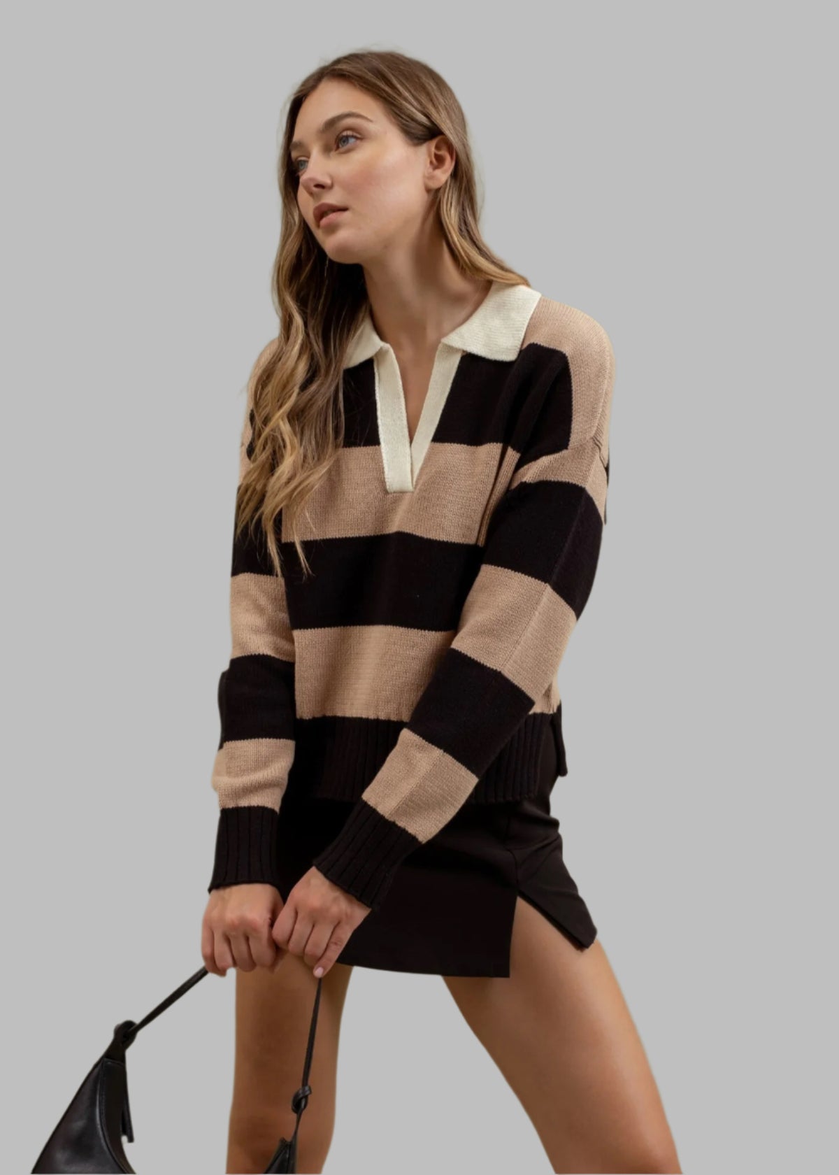 Stripe Contrast Collar Long Sleeve Knit Sweater