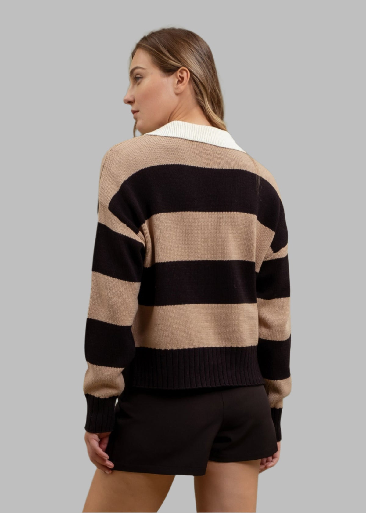 Stripe Contrast Collar Long Sleeve Knit Sweater