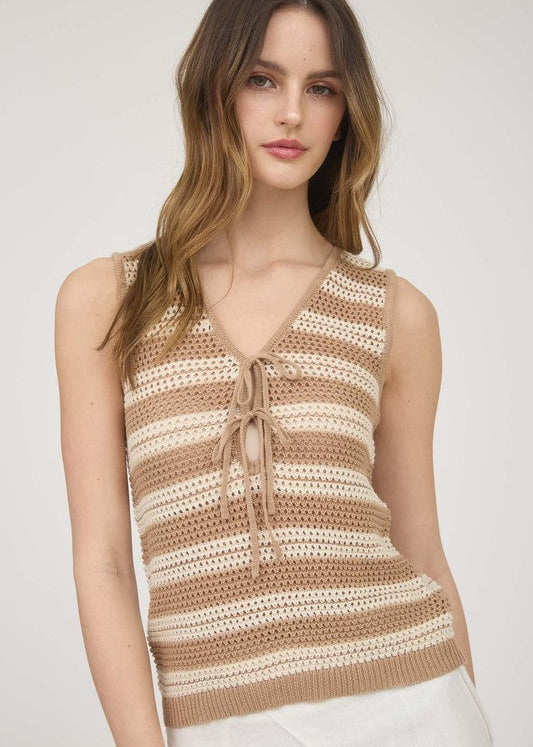 Mia Tie Front Crochet Tank in Tan