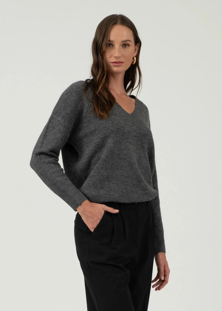 Melania V Neck Pullover Sweater in Charcoal