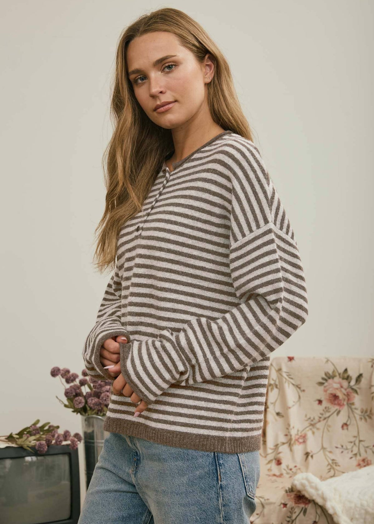 Clara Striped Henley in Mocha