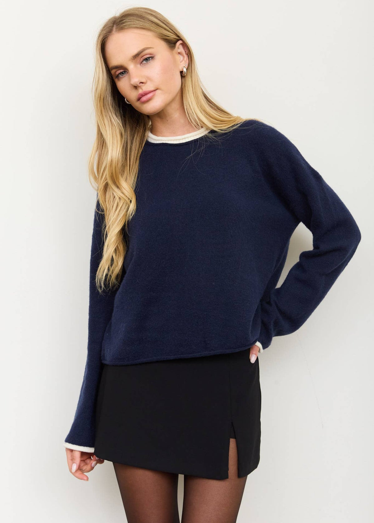 Clare Contrast Rolled Edge Cozy Sweater- Multiple Colors