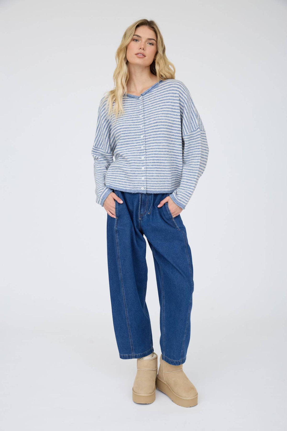 Katie Rolled Knit Cardigan in Dusty Blue