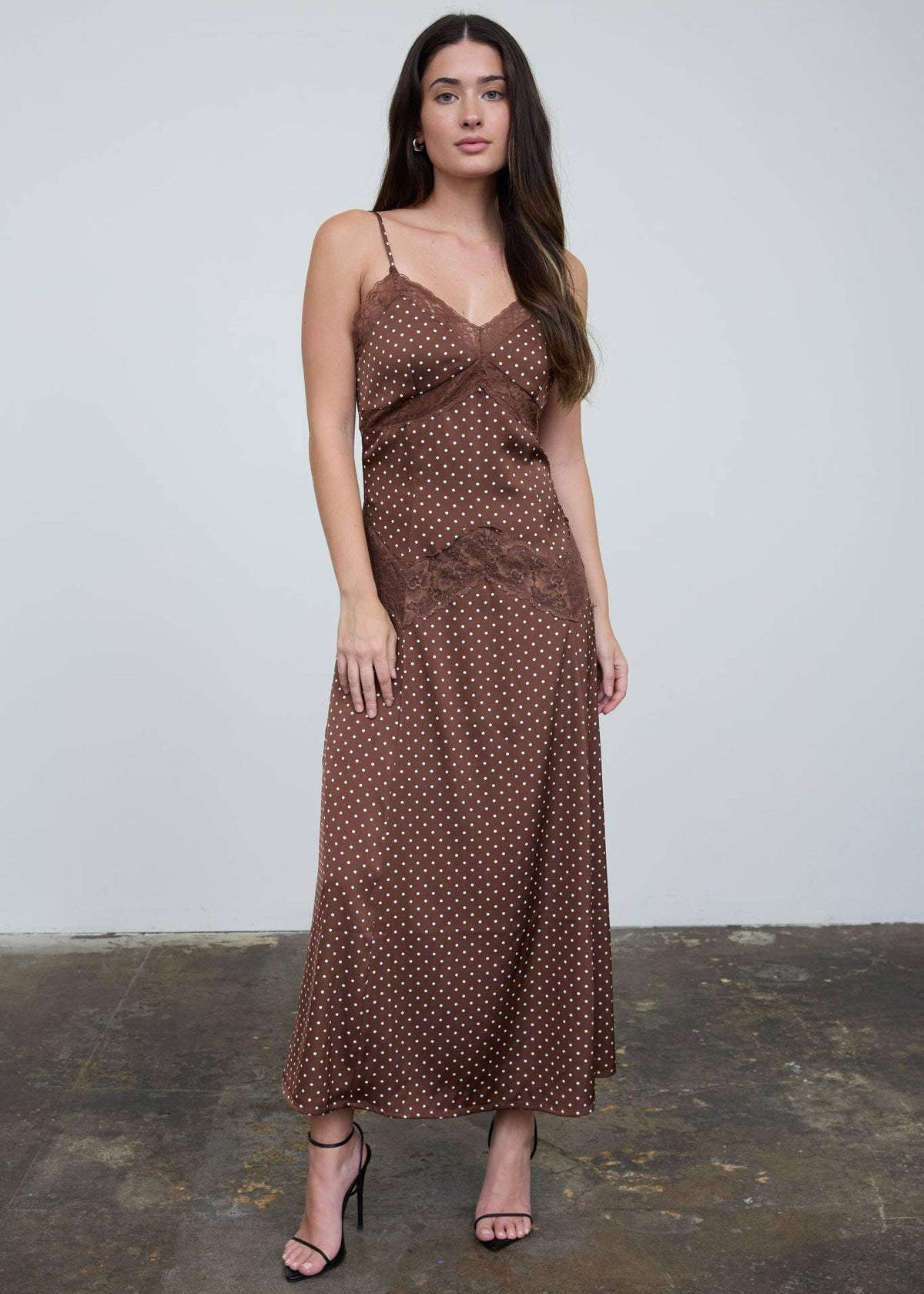 Paige Polka Dot Lace Trim Strapless Midi Dress