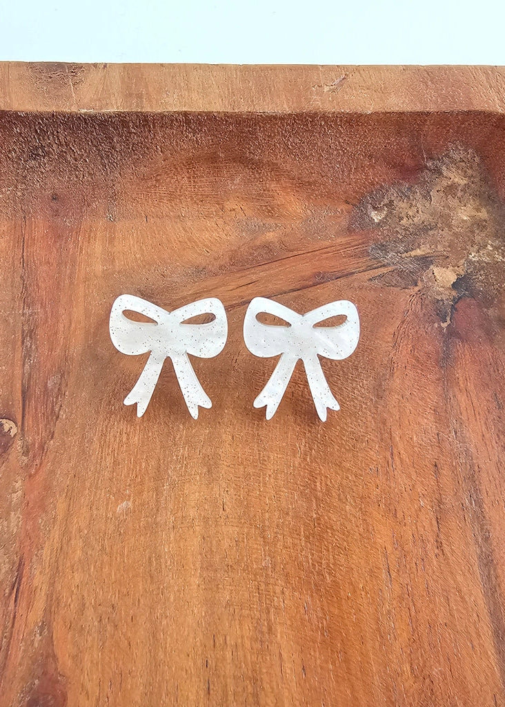 White Shimmer Bow Stud Earrings