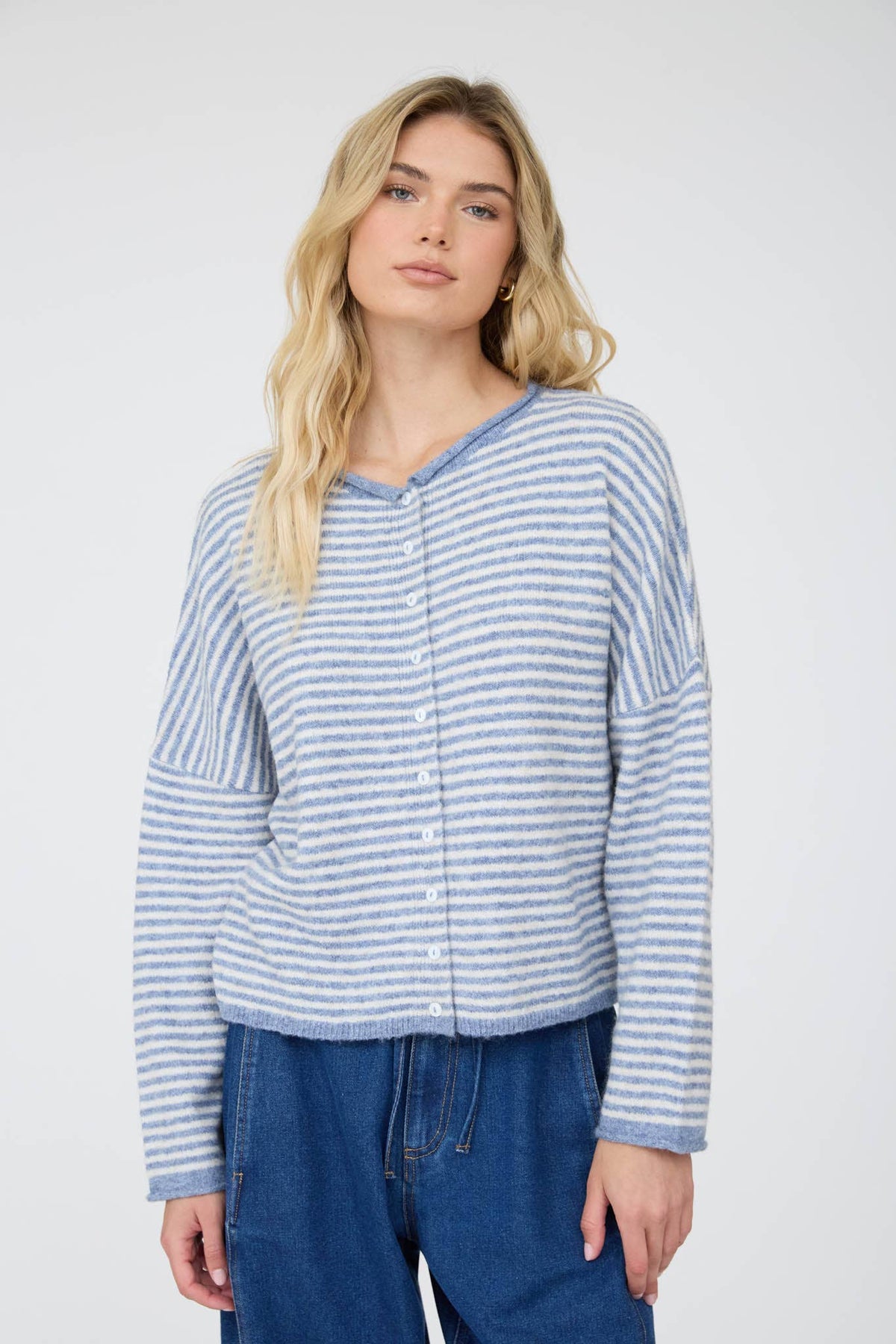 Katie Rolled Knit Cardigan in Dusty Blue