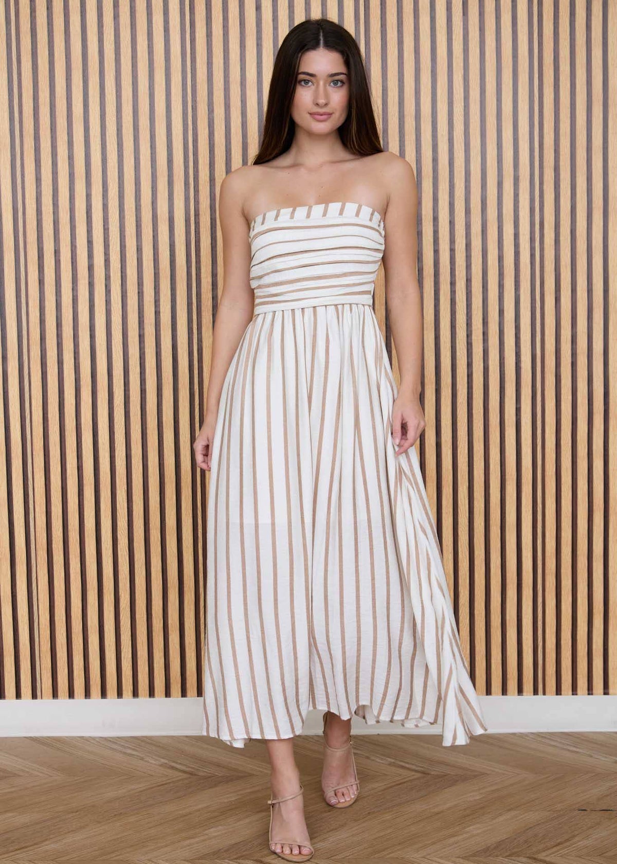 Lori Neutral Striped Strapless Linen Midi Dress
