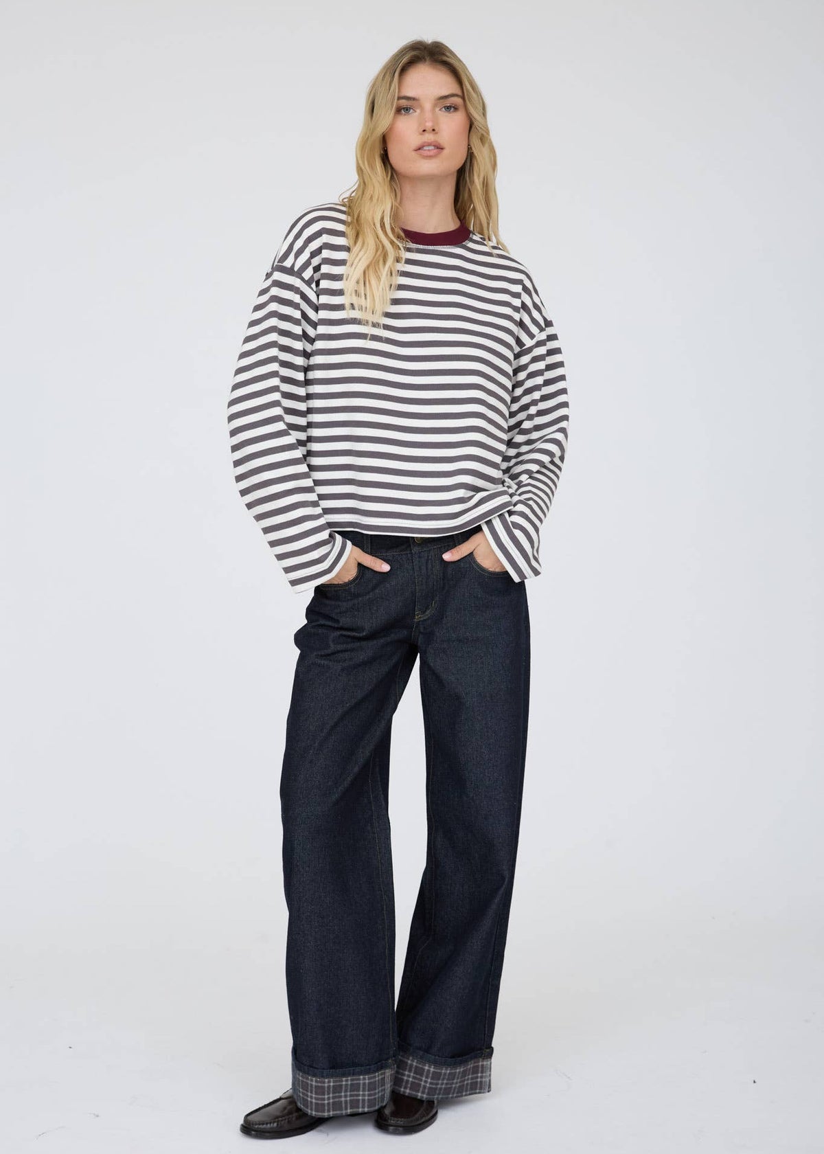 Kenzie Color Block Striped Charcoal Top
