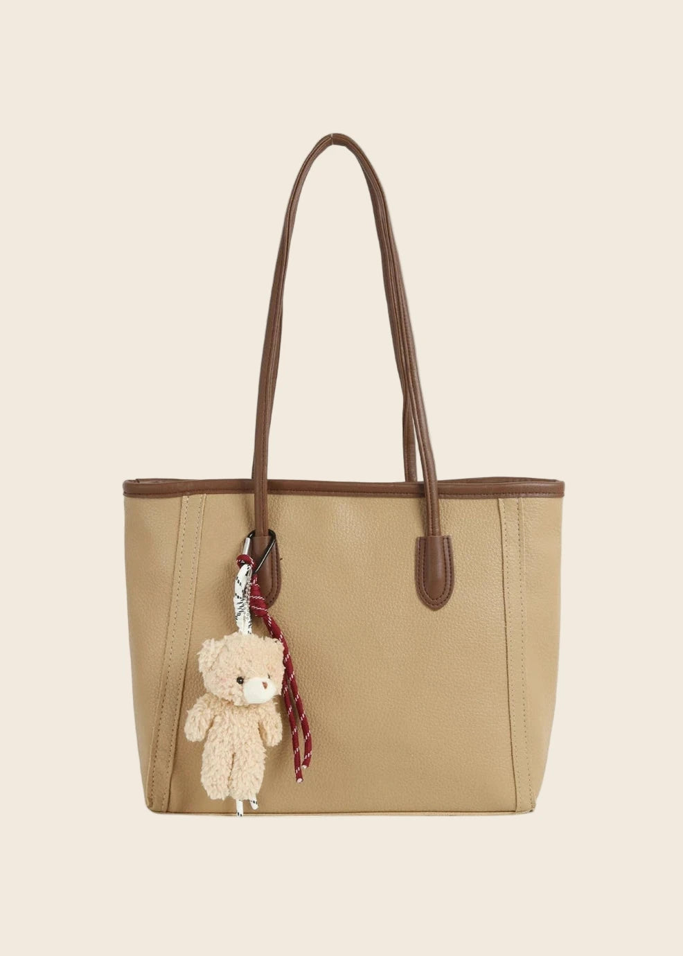 Classic Tote Bag with Removable Teddy Bear Charm in Mocha