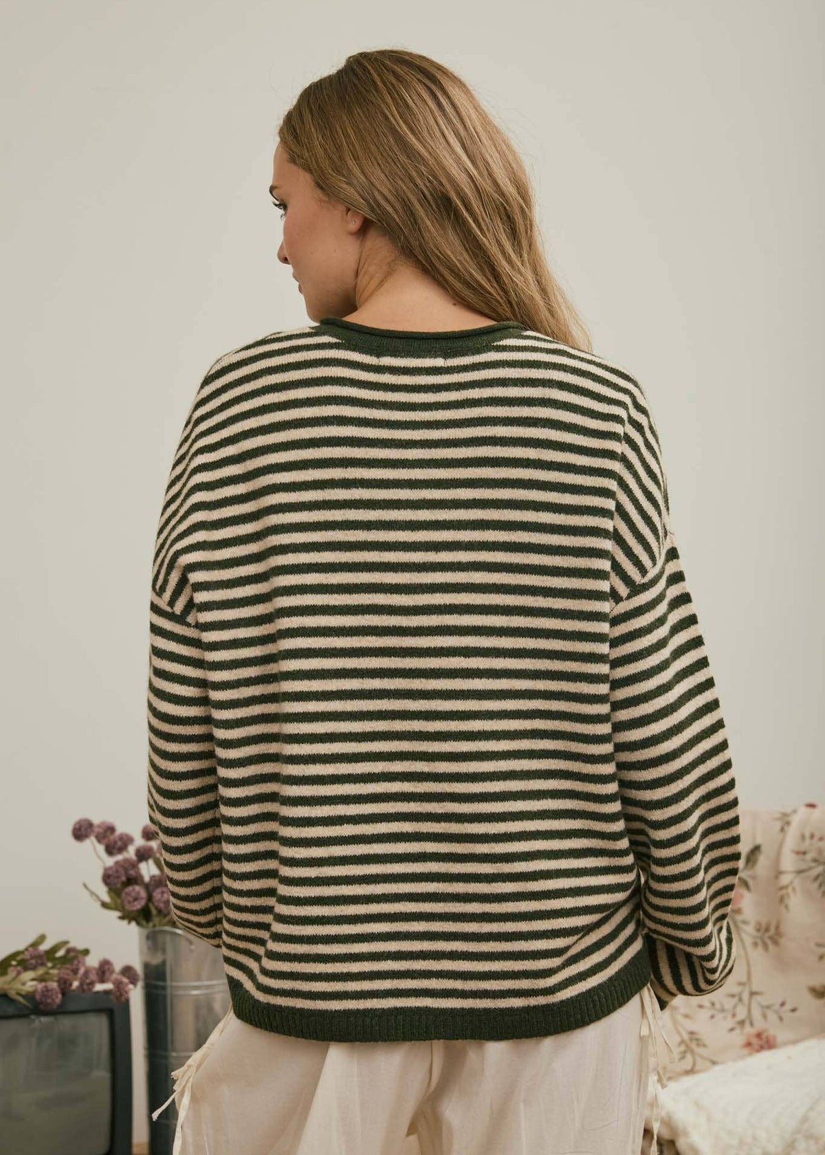 Clara Henley Olive Stripe Long Sleeve Sweater