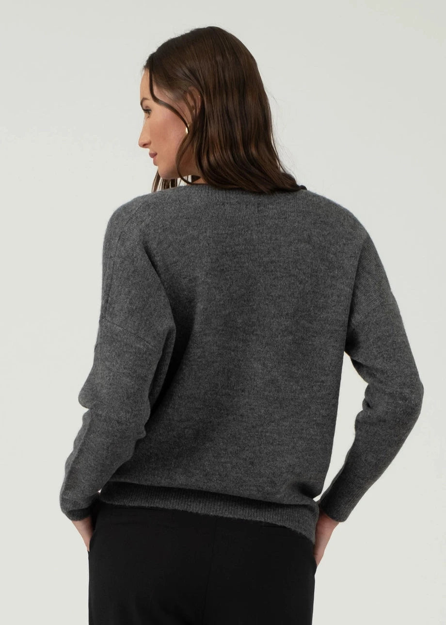 Melania V Neck Pullover Sweater in Charcoal