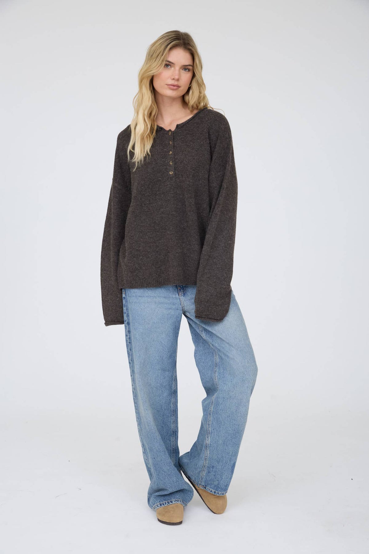 Clara Henley Mocha Long Sleeve Sweater