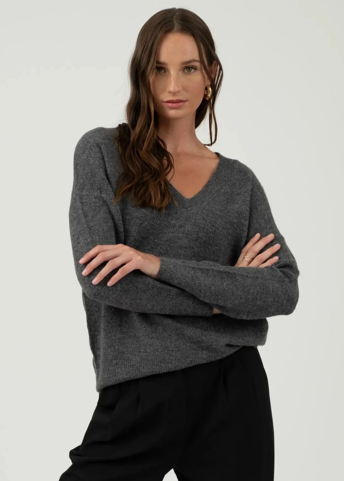 Melania V Neck Pullover Sweater in Charcoal