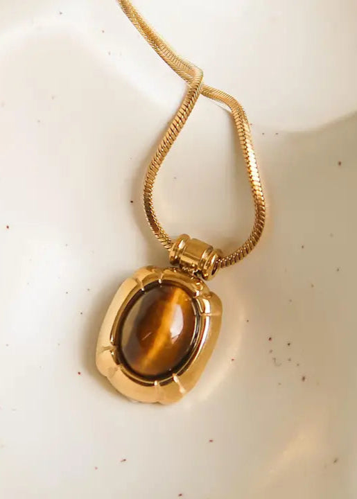 Agnes Natural Stone Gold Necklace - Amber Cat-Eye