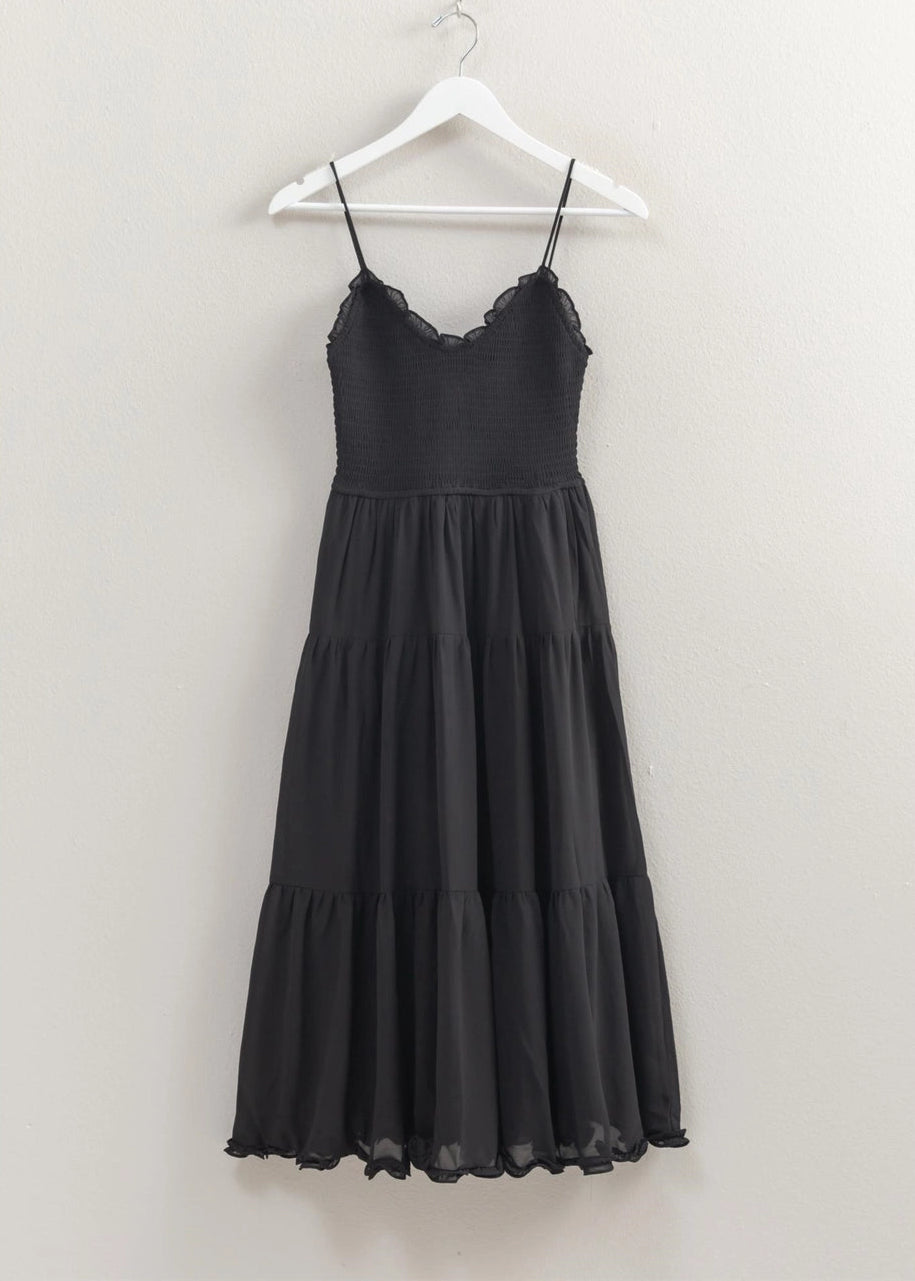 Sara Smocked Midi Dress in Black
