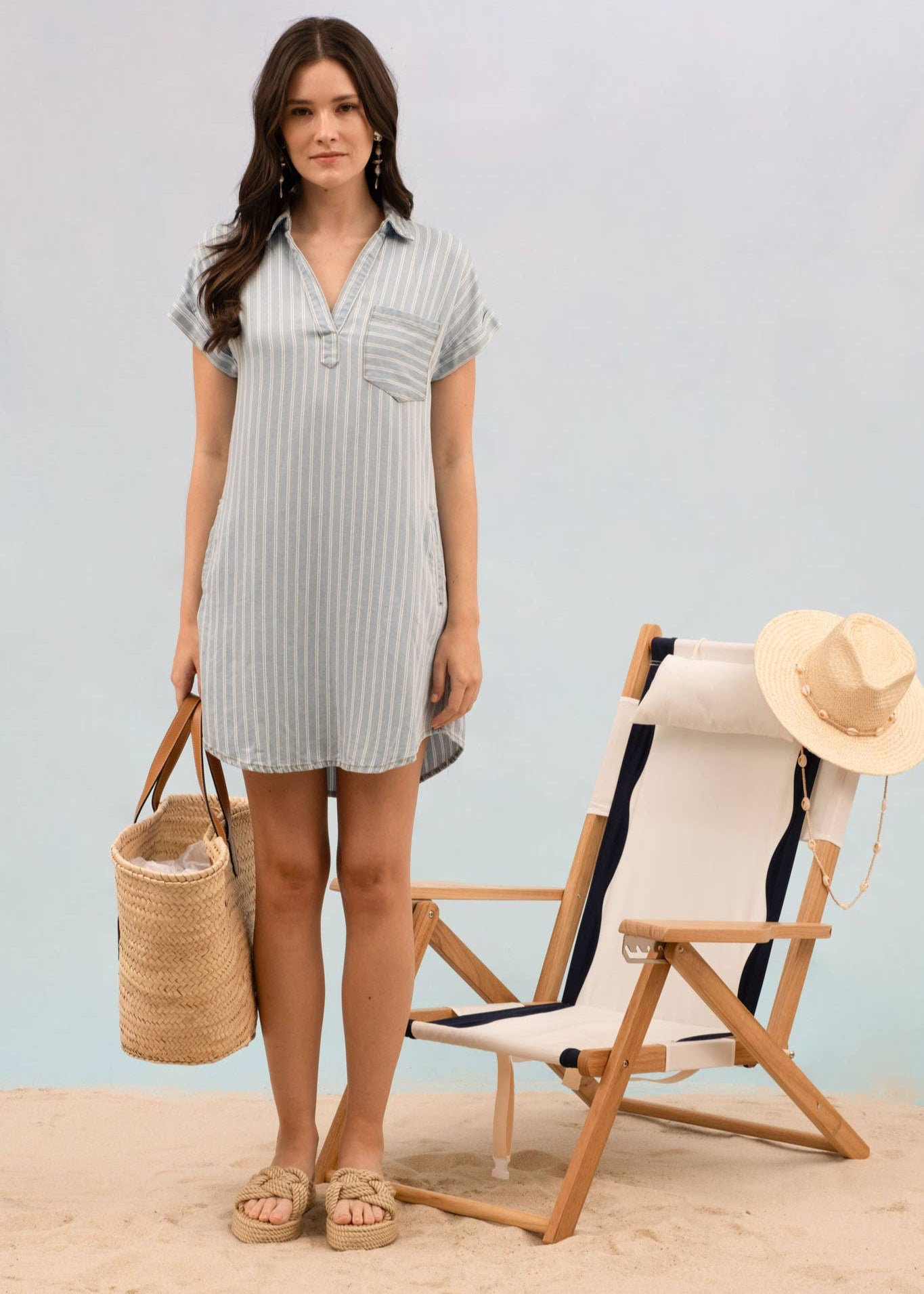 Becky Stripe Chambray Collared Sleeve Mini Dress