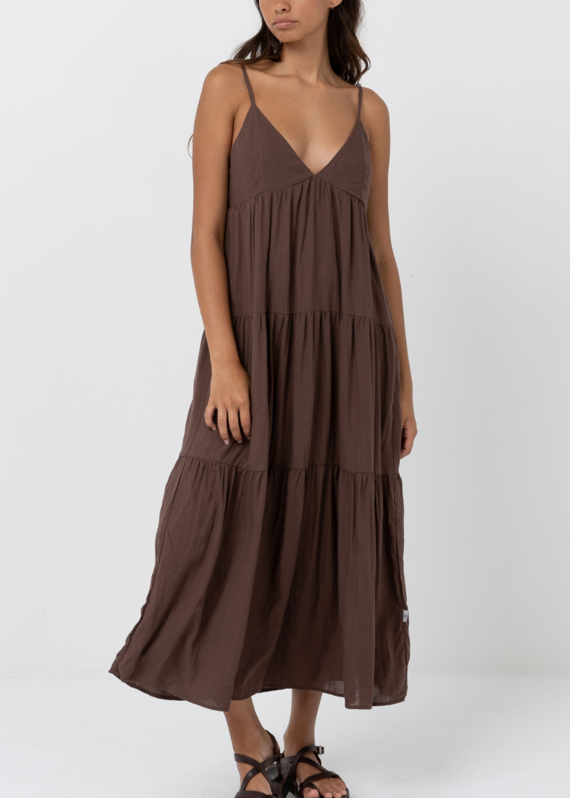 Rhythm Classic Tiered Midi Dress in Chocolate
