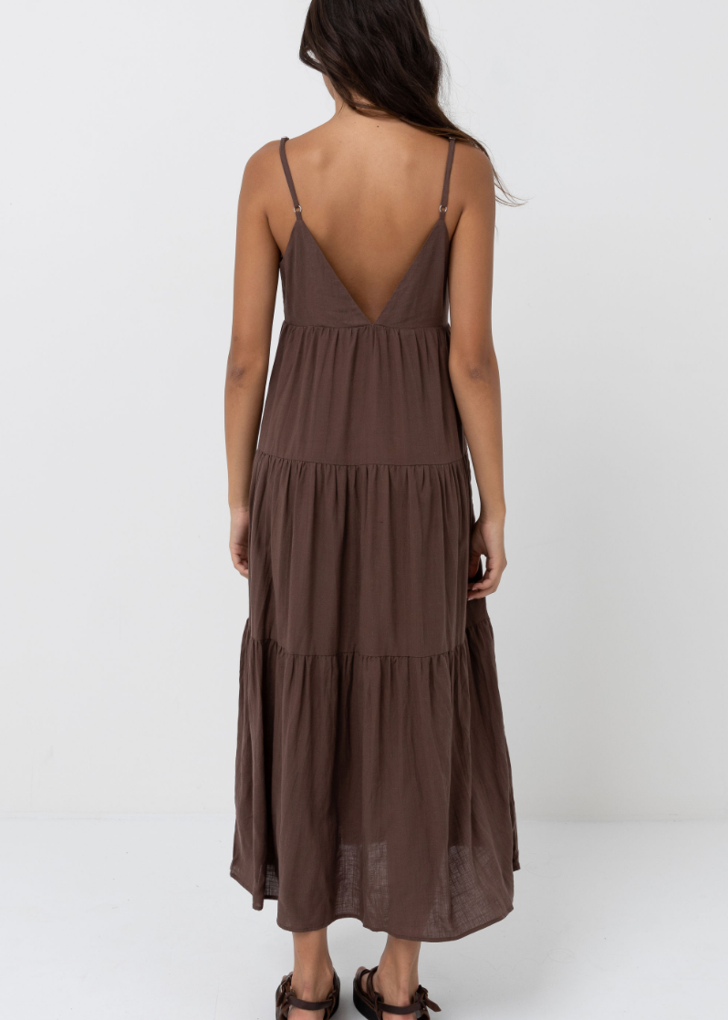Rhythm Classic Tiered Midi Dress in Chocolate