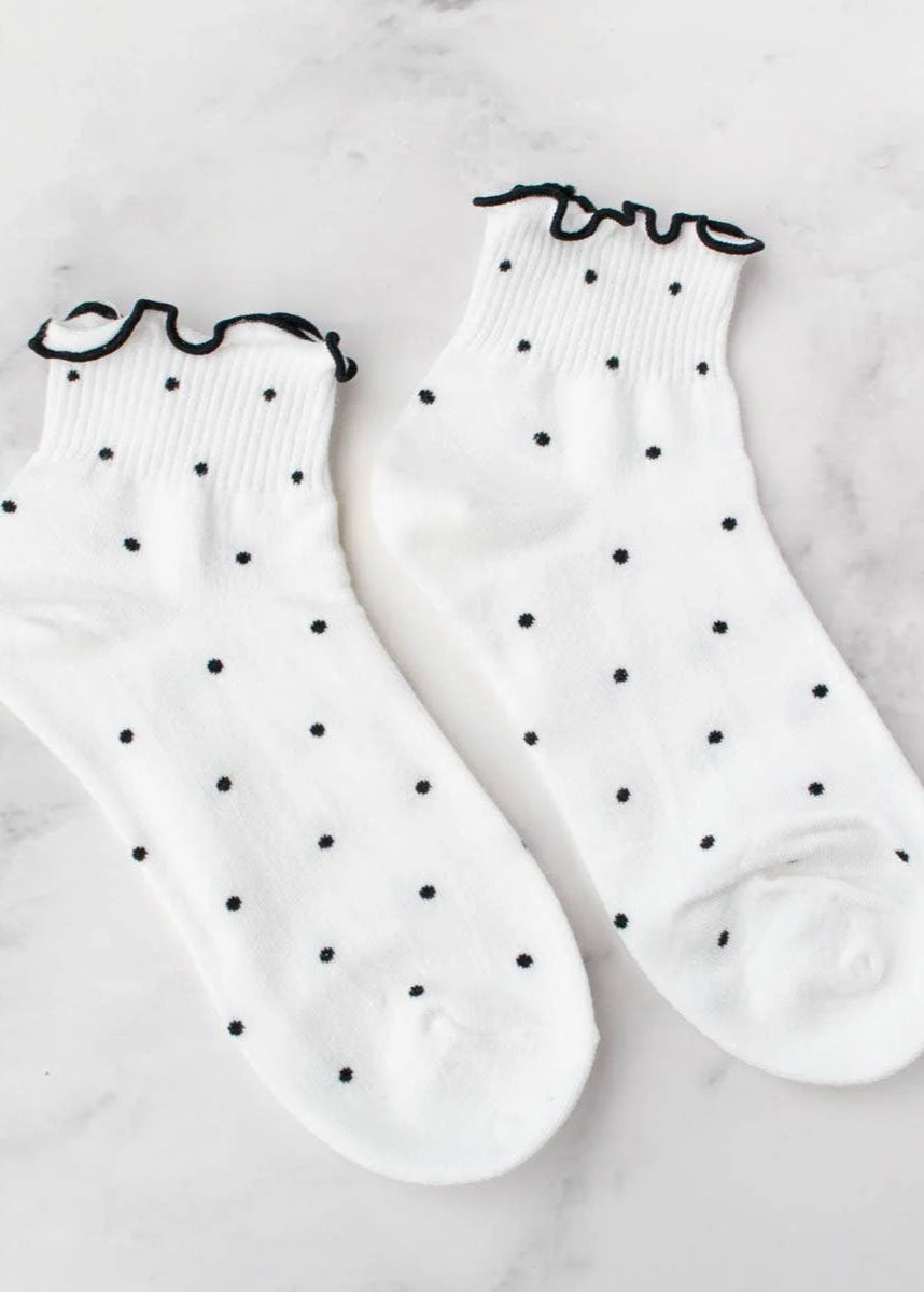 Claire Ruffled Polka Dot Ankle Socks in White