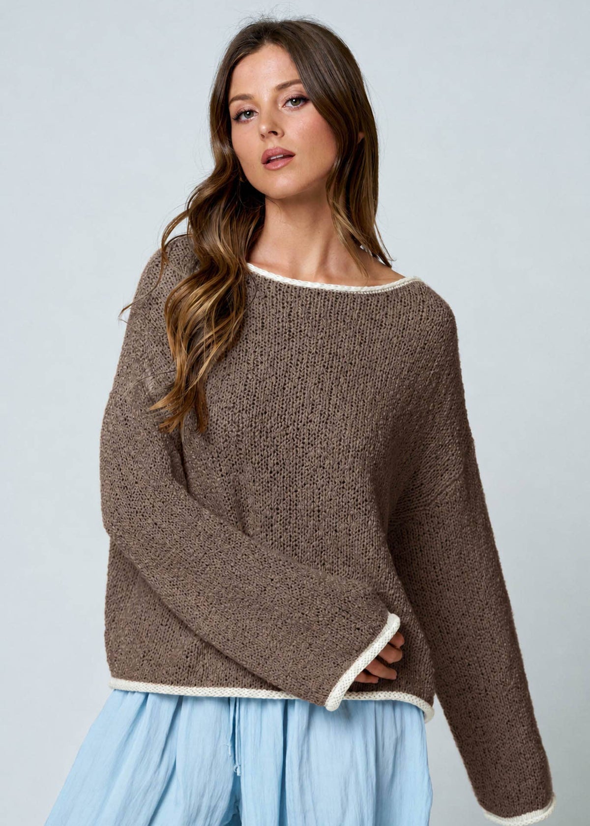 Maddy Boat Neck Knit Sweater in Mocha