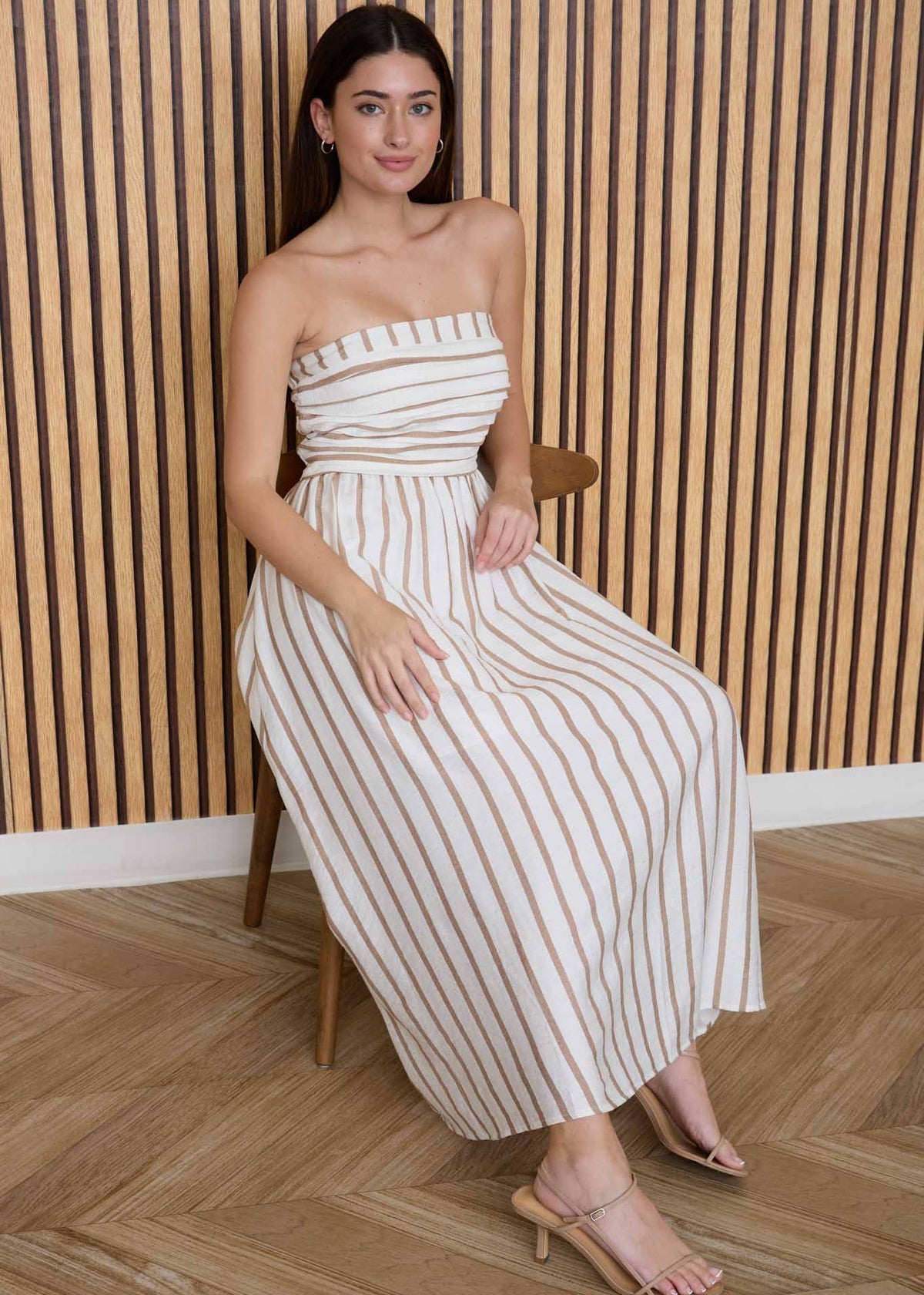 Lori Neutral Striped Strapless Linen Midi Dress