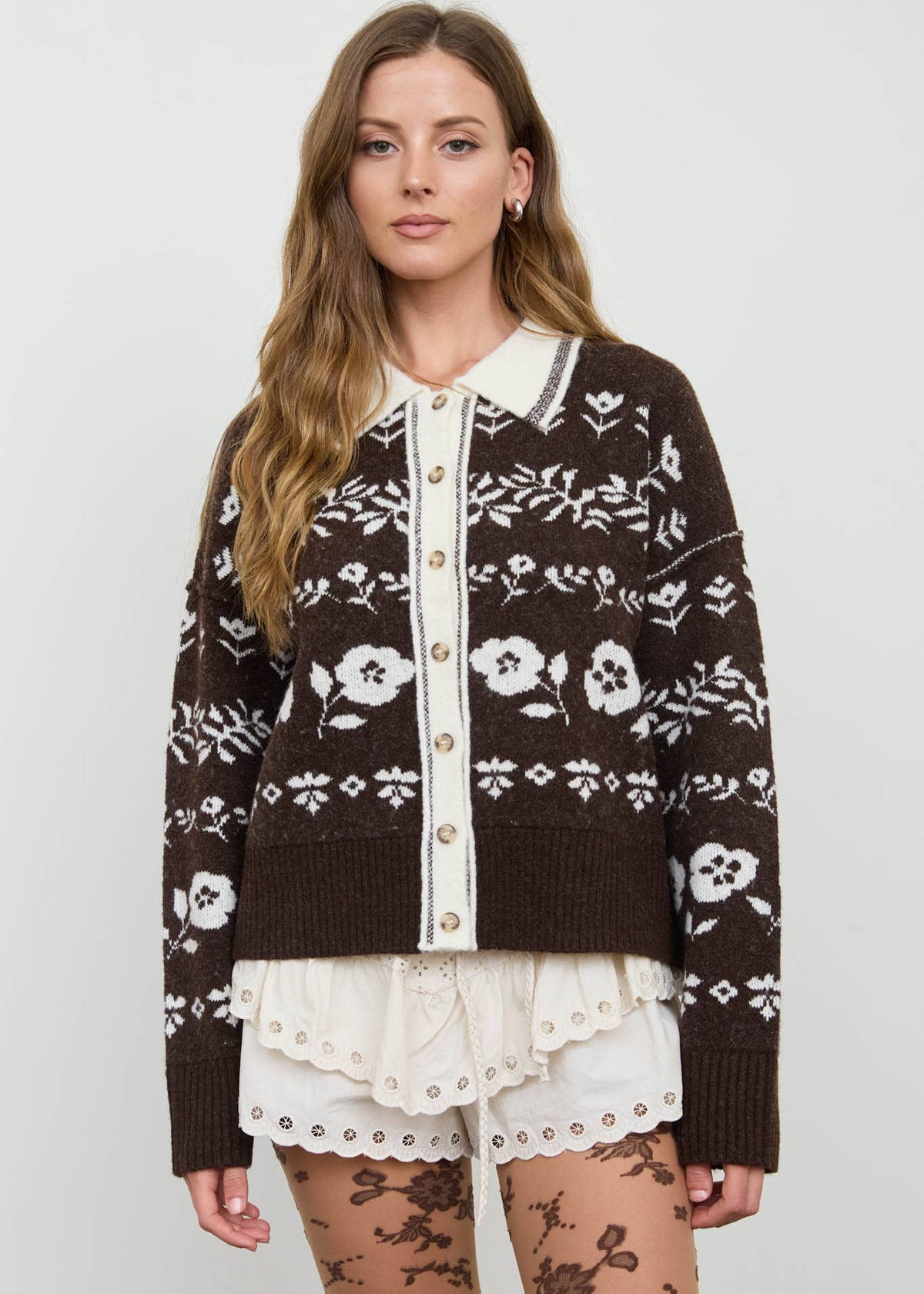 Diana Collared Floral Jacquard Cardigan
