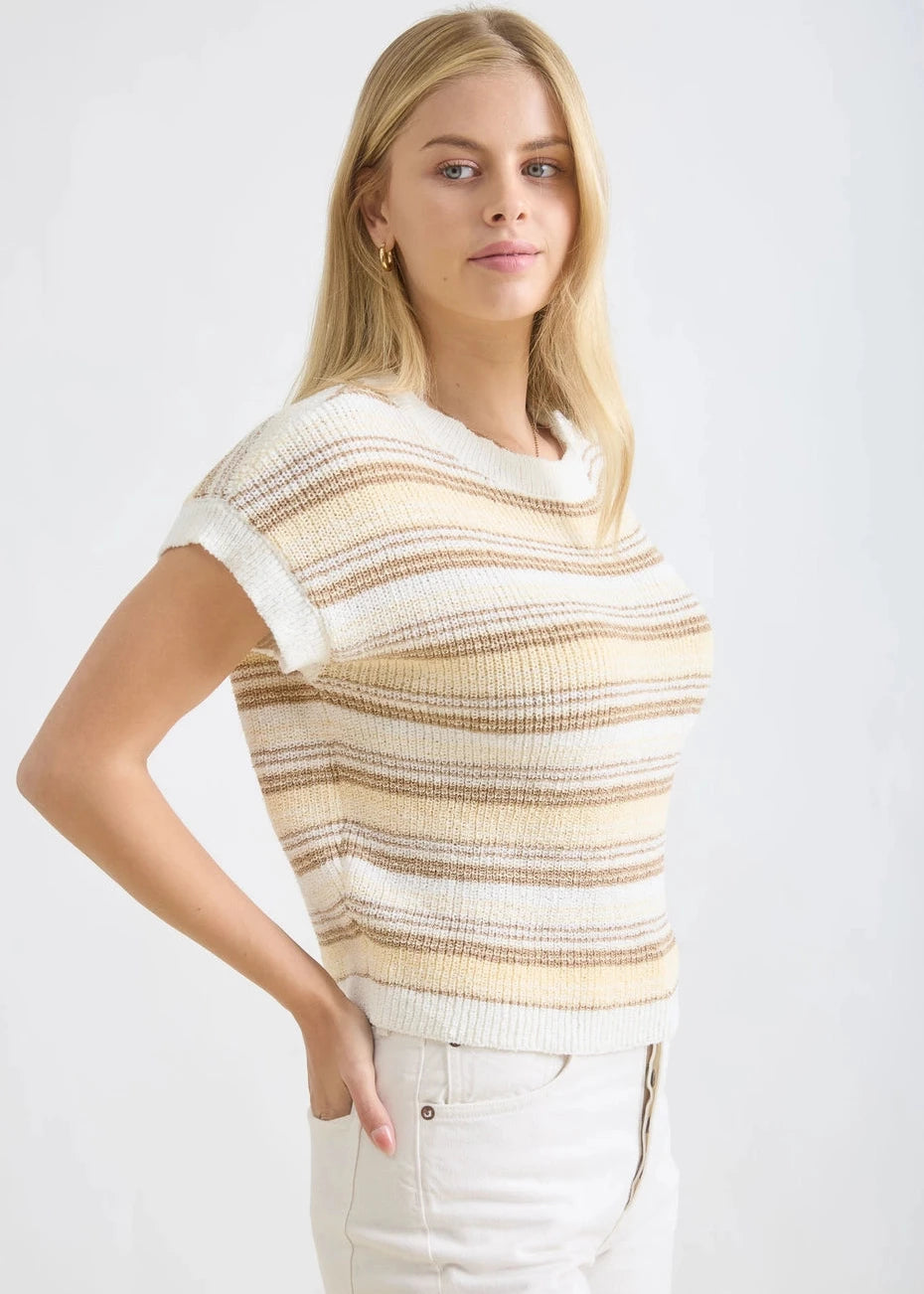 Lacey Easy Knit Top in Butter Yellow & Neutral Stripe