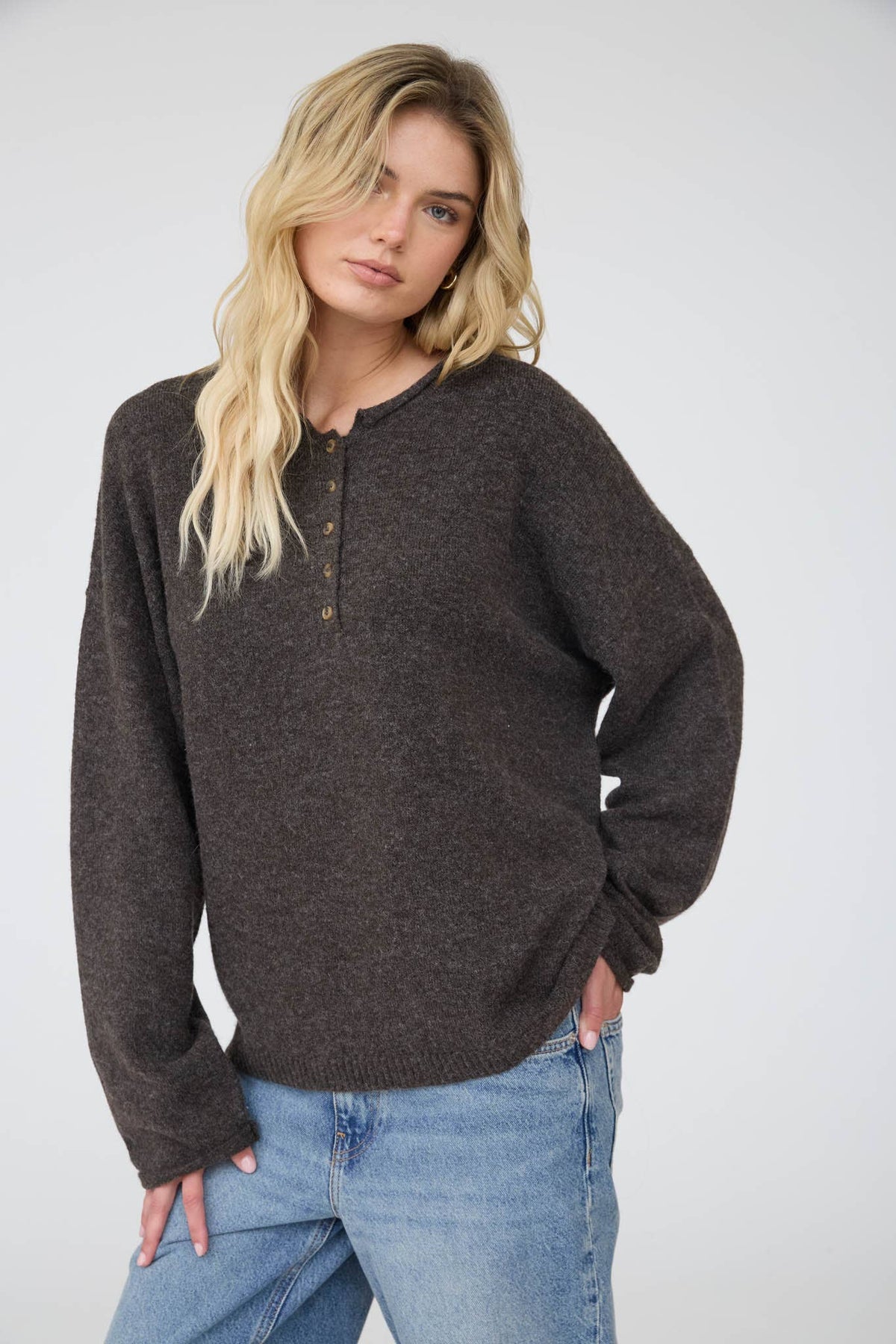 Clara Henley Mocha Long Sleeve Sweater