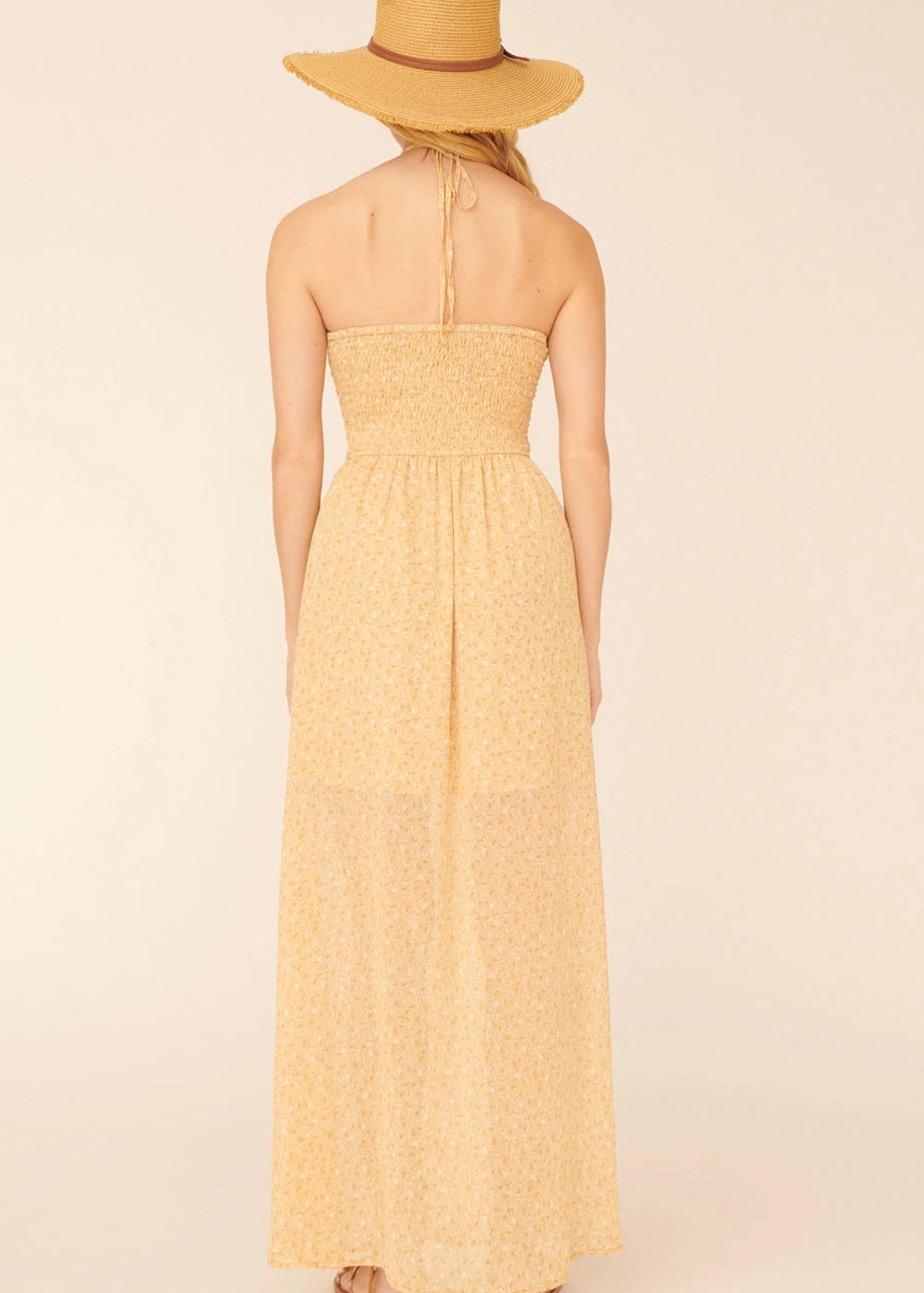 Christina Floral Print Halter Maxi Dress in Butter Yellow