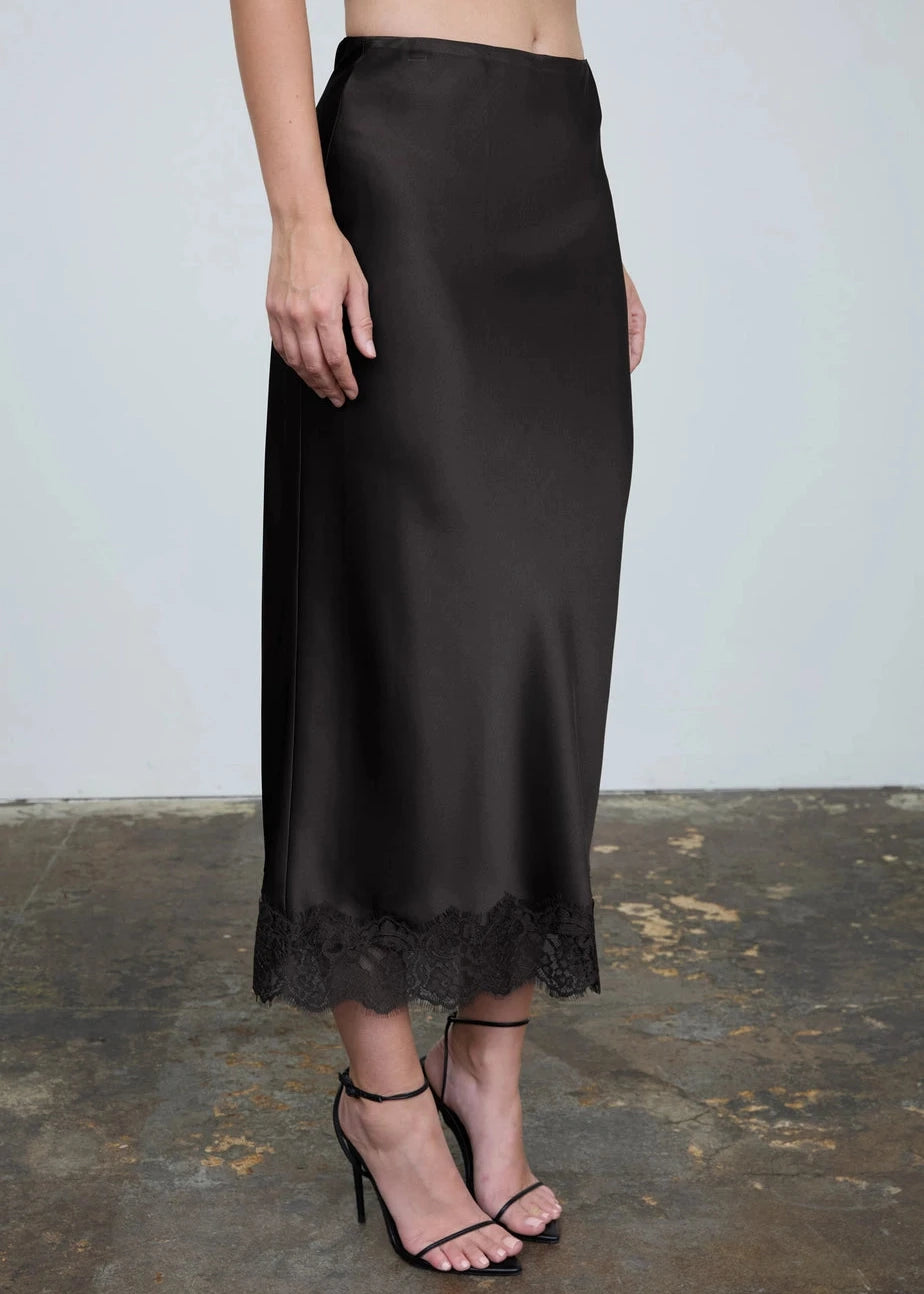 Stassi Satin Lace Hem Black Midi Skirt