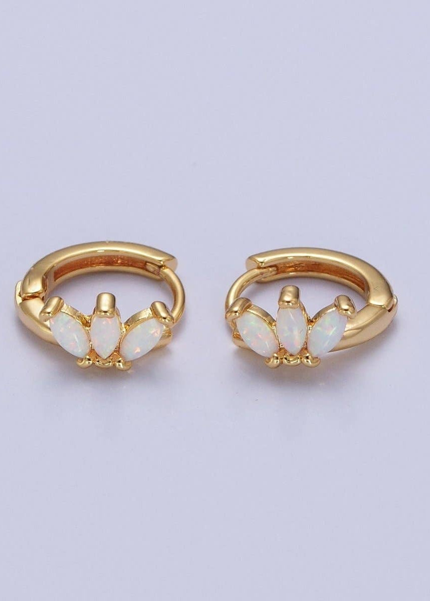 White Opal Triple Marquise Gold Filled Huggie Hoop Earrings