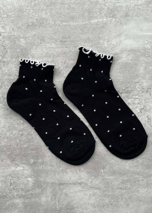 Claire Ruffled Polka Dot Ankle Socks in Black