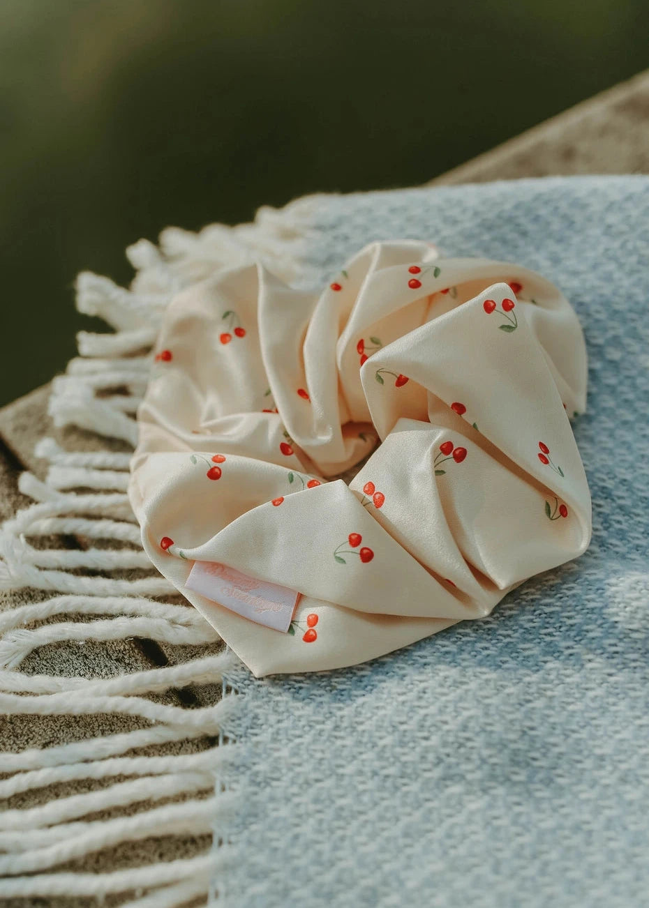 Dreamy Sundays 100% Silk Scrunchie in Pink Cherries
