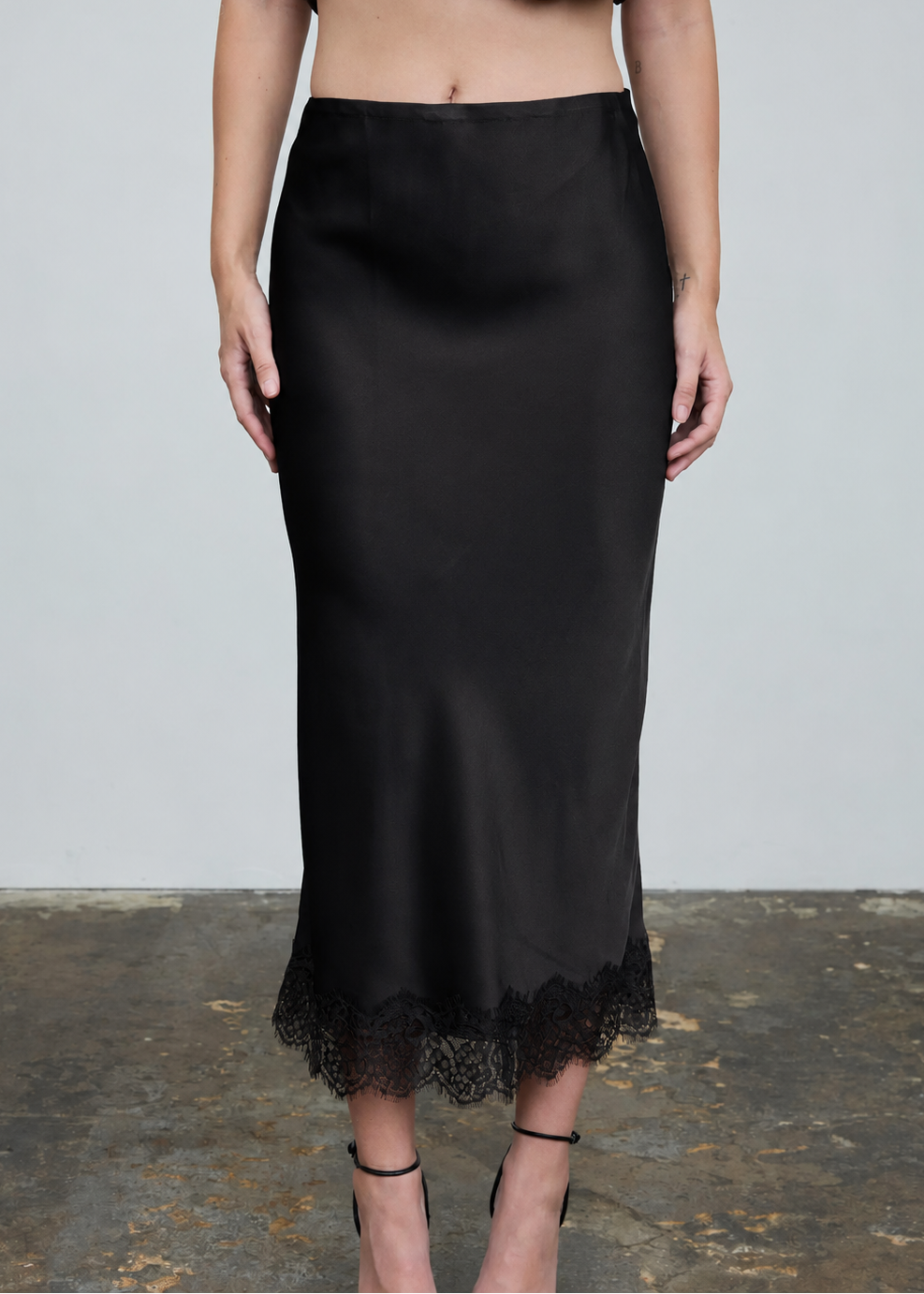 Stassi Satin Lace Hem Black Midi Skirt