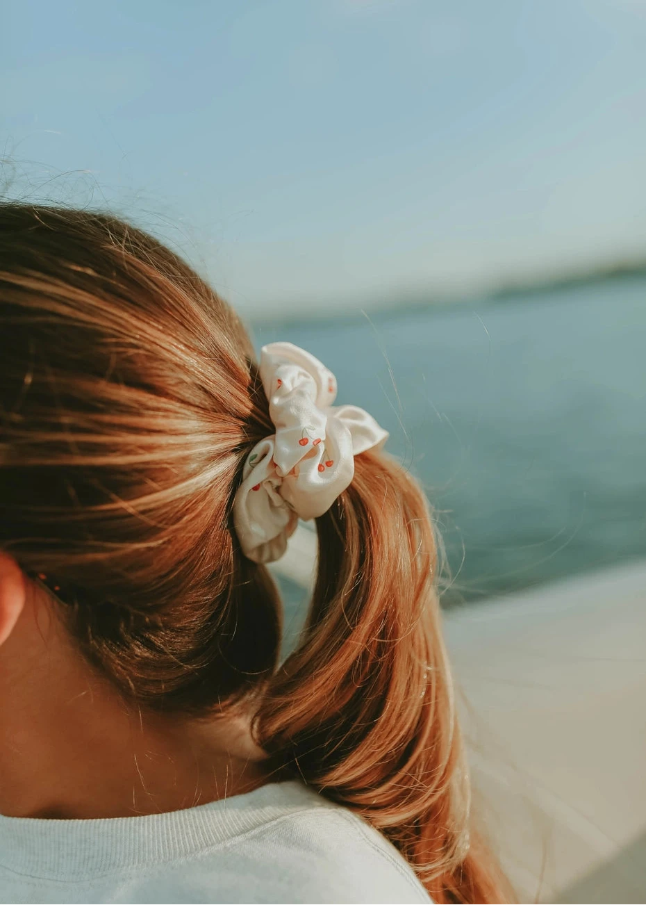 Dreamy Sundays 100% Silk Scrunchie in Pink Cherries
