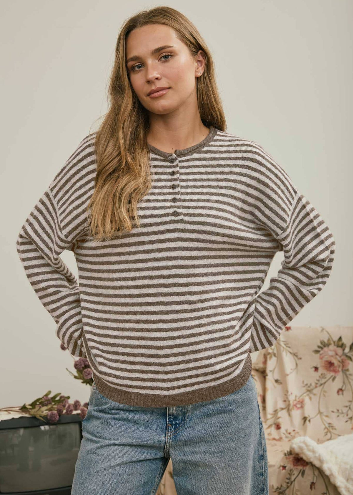 Clara Striped Henley in Mocha