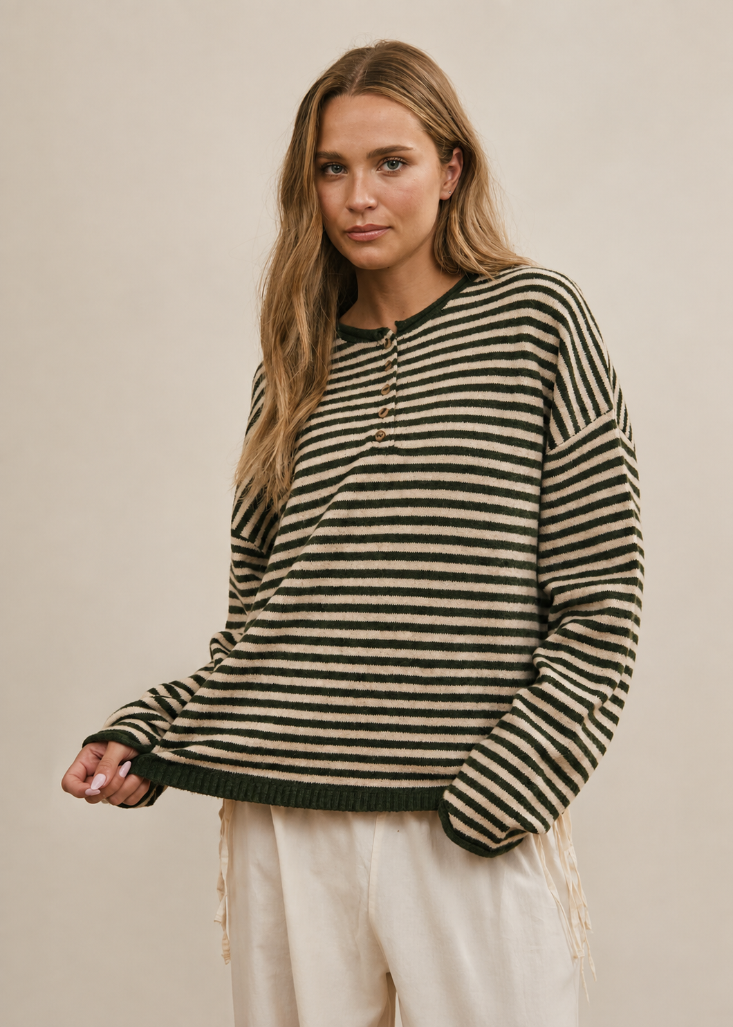 Clara Henley Olive Stripe Long Sleeve Sweater