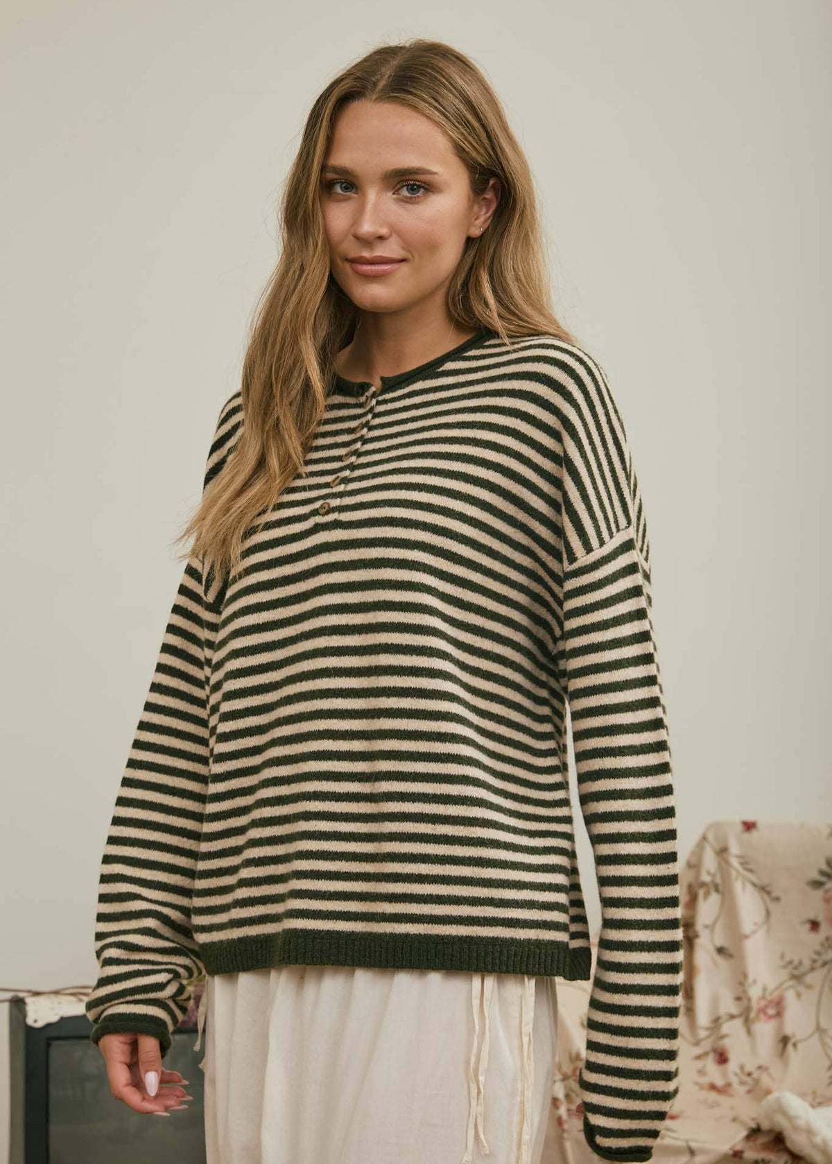 Clara Henley Olive Stripe Long Sleeve Sweater